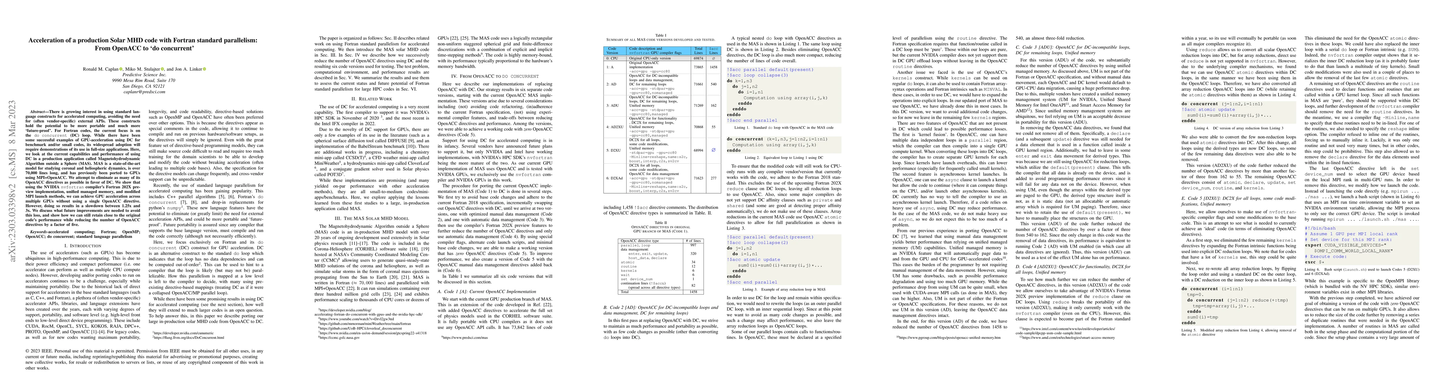 Thumbnail for Acceleration of a production Solar MHD code with Fortran standard
  parallelism: From OpenACC to `do concurrent'