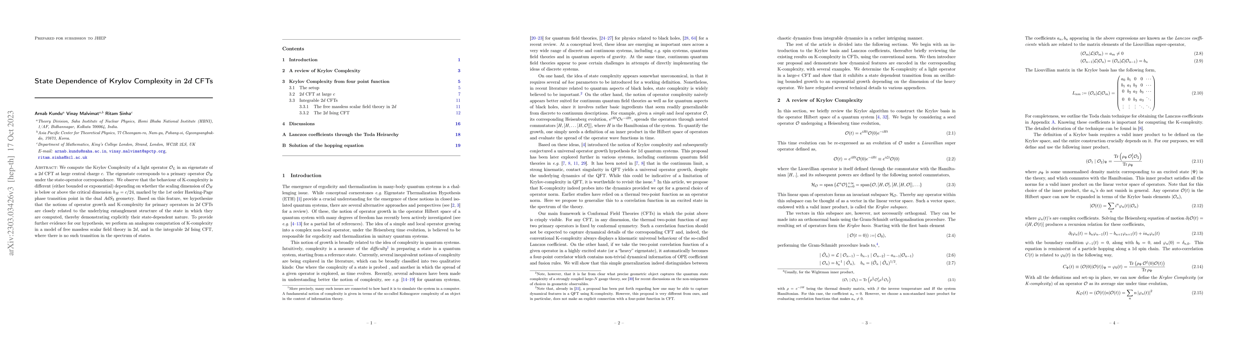 Thumbnail for State Dependence of Krylov Complexity in $2d$ CFTs