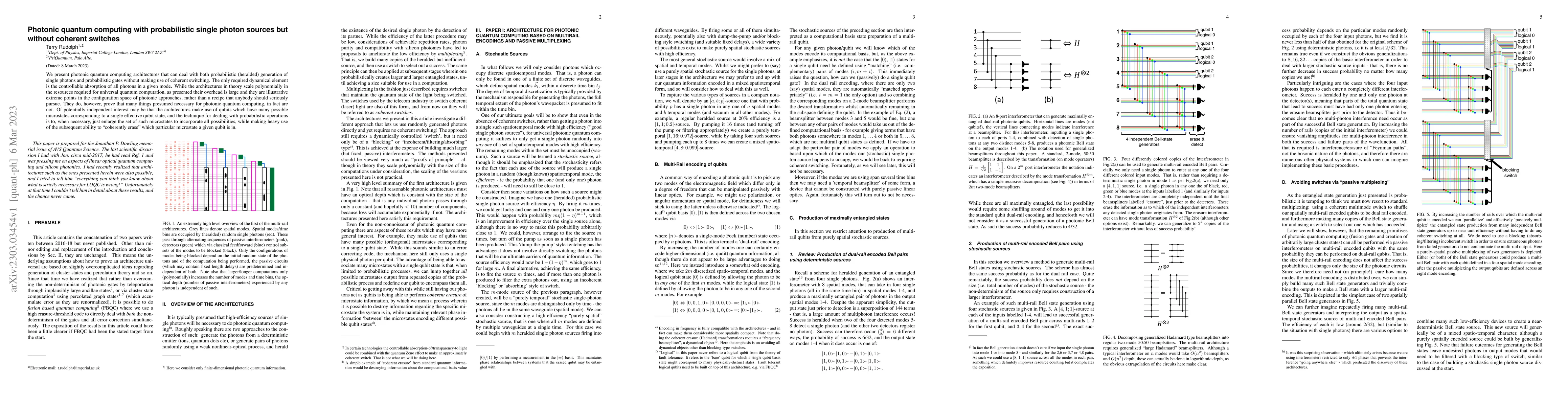 Thumbnail for Photonic quantum computing with probabilistic single photon sources but
  without coherent switches