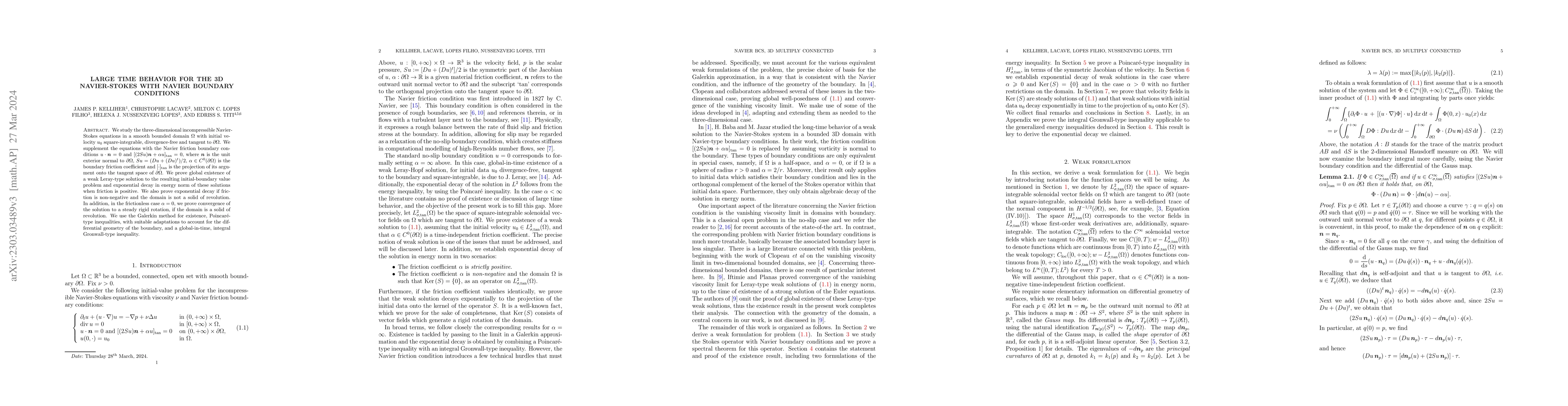 Thumbnail for Large time behavior for the 3D Navier-Stokes with Navier boundary
  conditions
