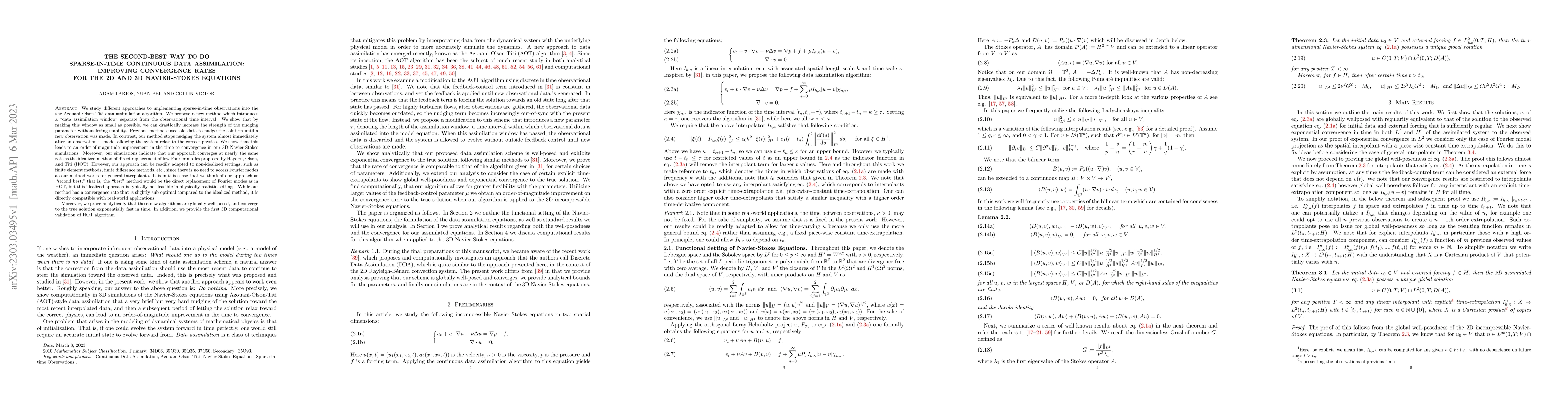 Thumbnail for The second-best way to do sparse-in-time continuous data assimilation:
  Improving convergence rates for the 2D and 3D Navier-Stokes equations