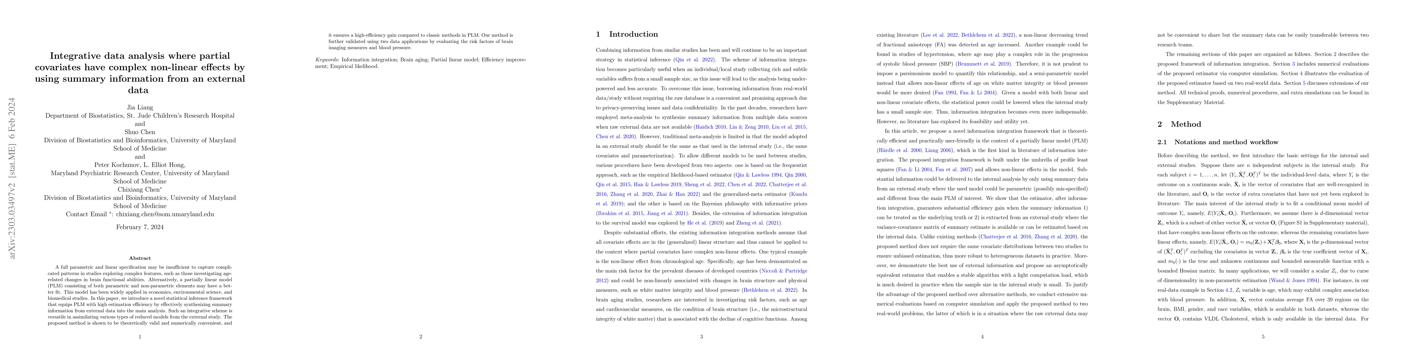 Thumbnail for Integrative data analysis where partial covariates have complex
  non-linear effects by using summary information from an external data
