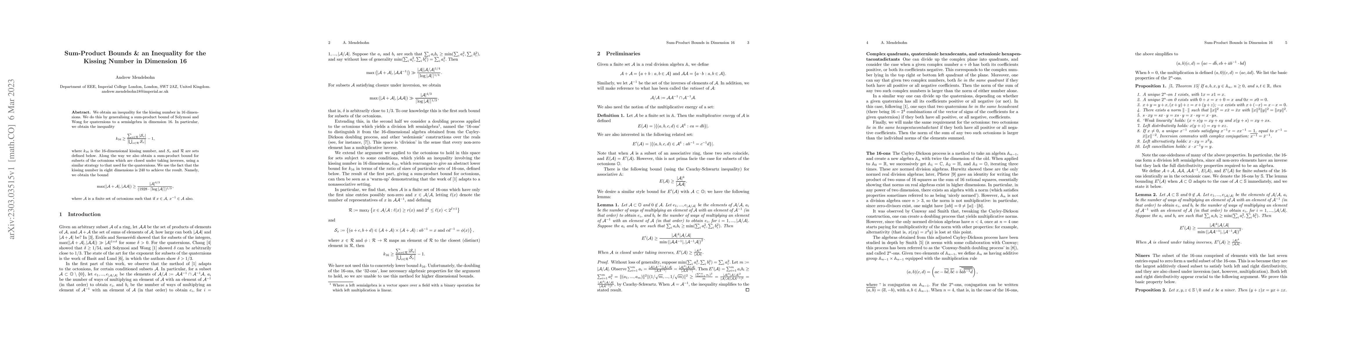 Thumbnail for Sum-Product Bounds & an Inequality for the Kissing Number in Dimension
  16