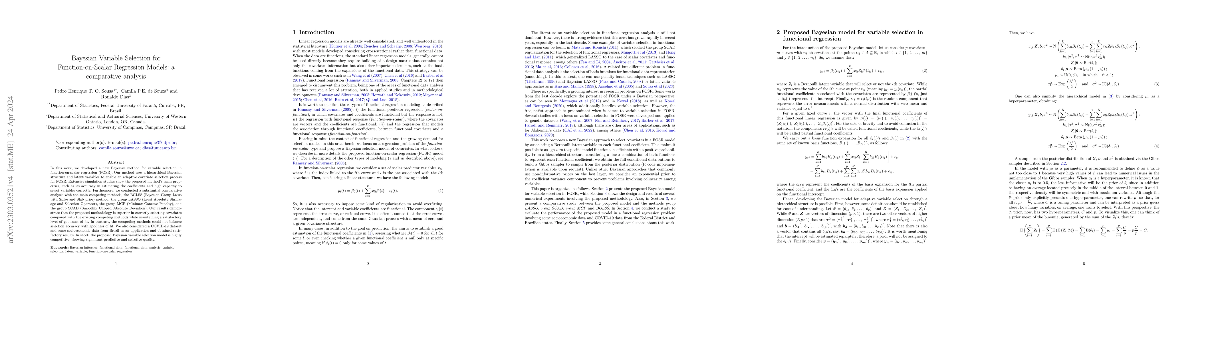 Thumbnail for Bayesian Variable Selection for Function-on-Scalar Regression Models: a
  comparative analysis
