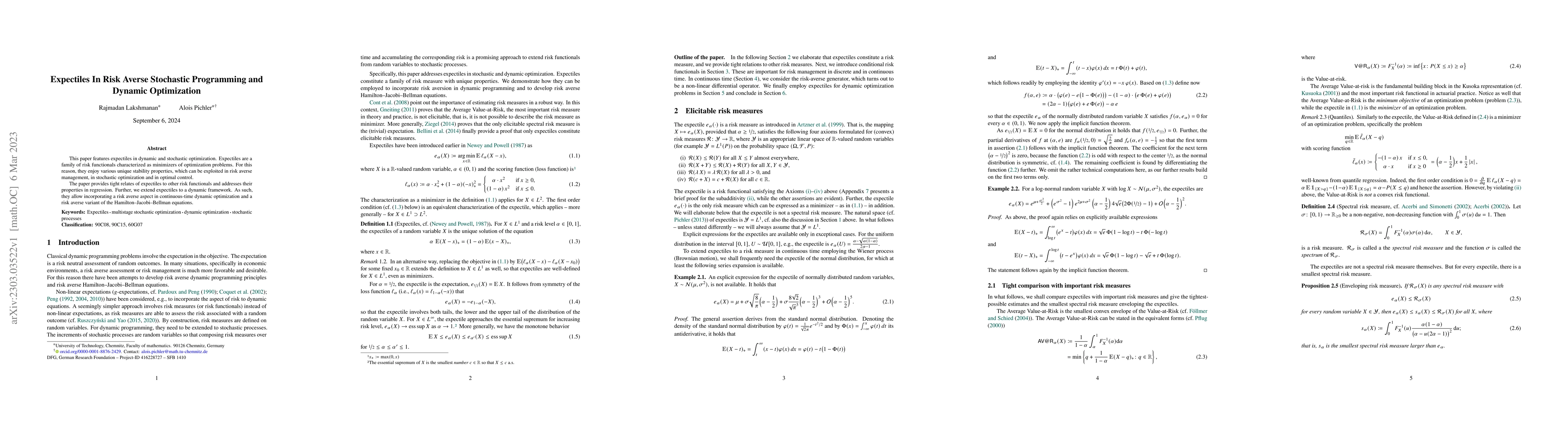 Thumbnail for Expectiles In Risk Averse Stochastic Programming and Dynamic
  Optimization