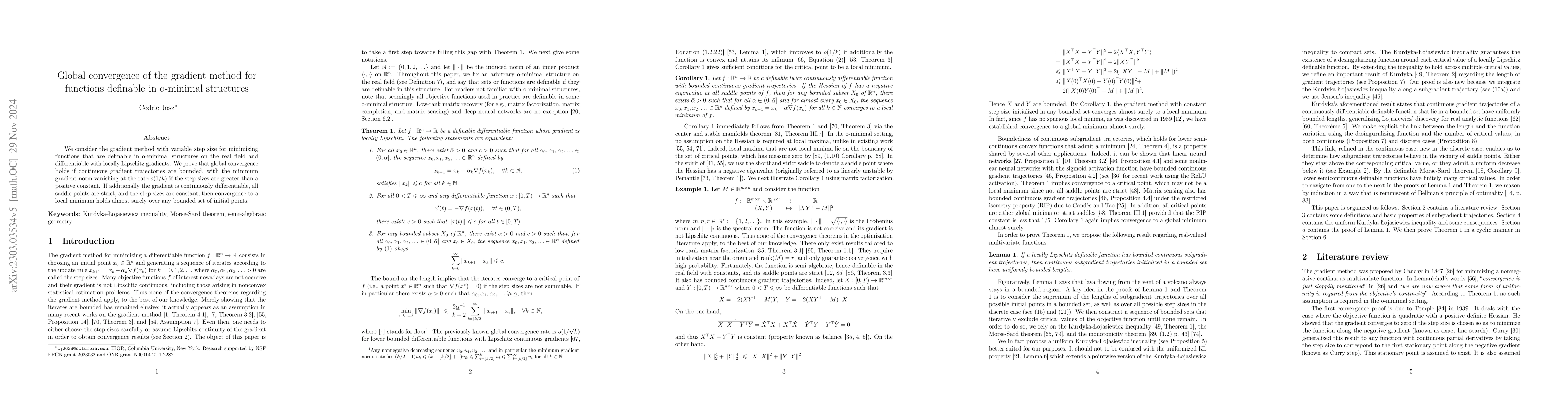 Thumbnail for Global convergence of the gradient method for functions definable in
  o-minimal structures