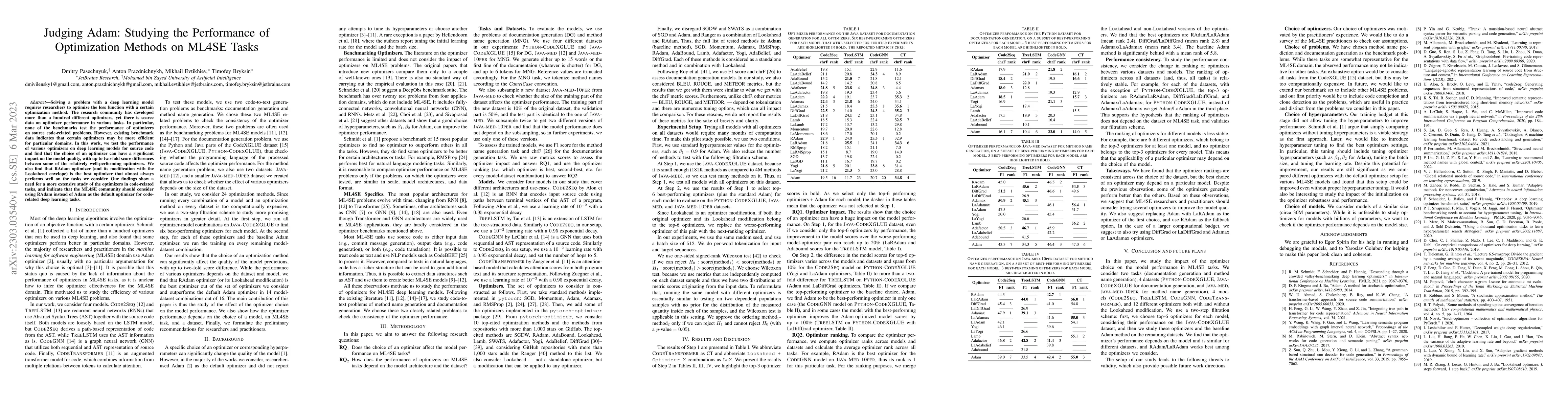 Thumbnail for Judging Adam: Studying the Performance of Optimization Methods on ML4SE
  Tasks