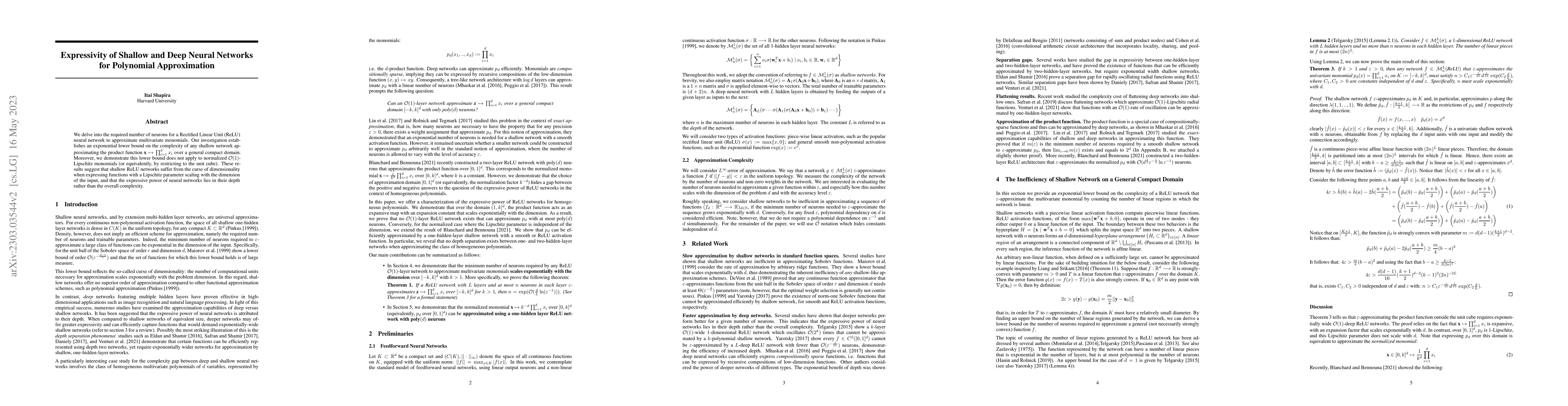 Thumbnail for Expressivity of Shallow and Deep Neural Networks for Polynomial
  Approximation