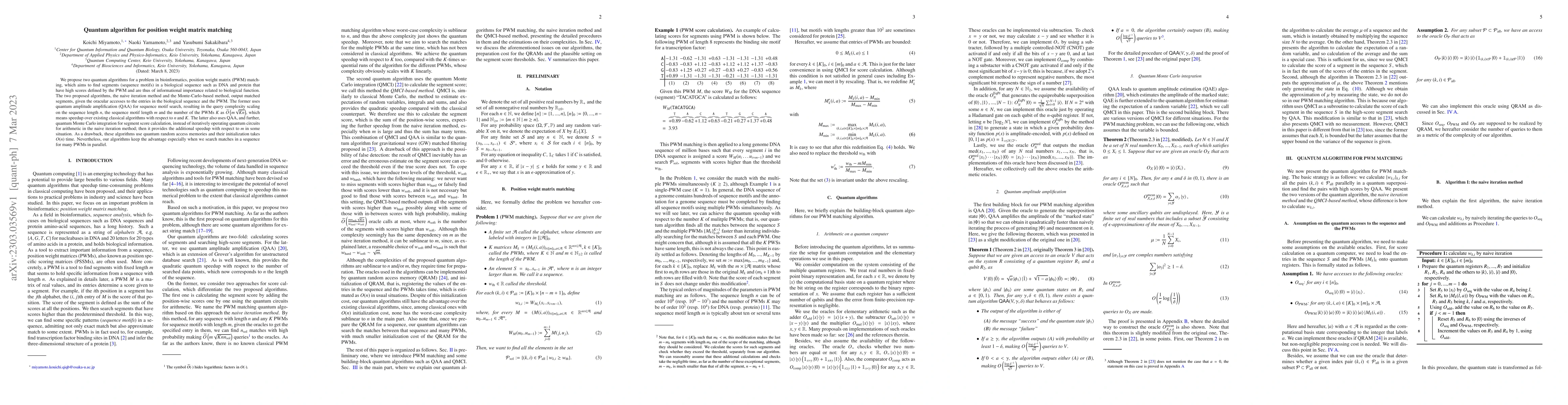 Thumbnail for Quantum algorithm for position weight matrix matching