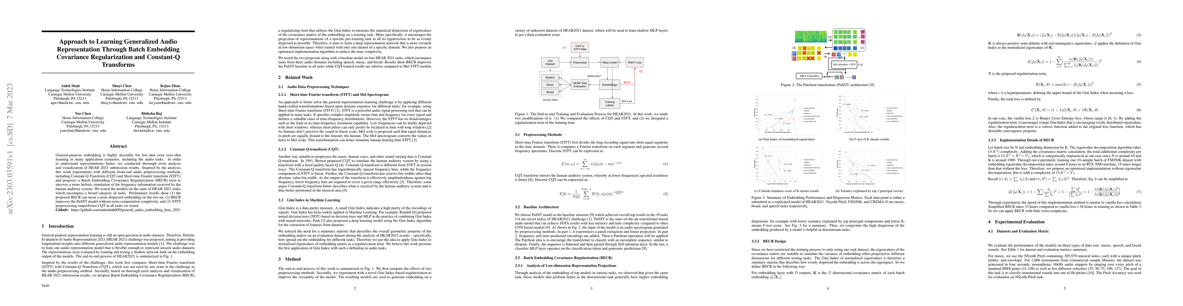 Thumbnail for Approach to Learning Generalized Audio Representation Through Batch
  Embedding Covariance Regularization and Constant-Q Transforms