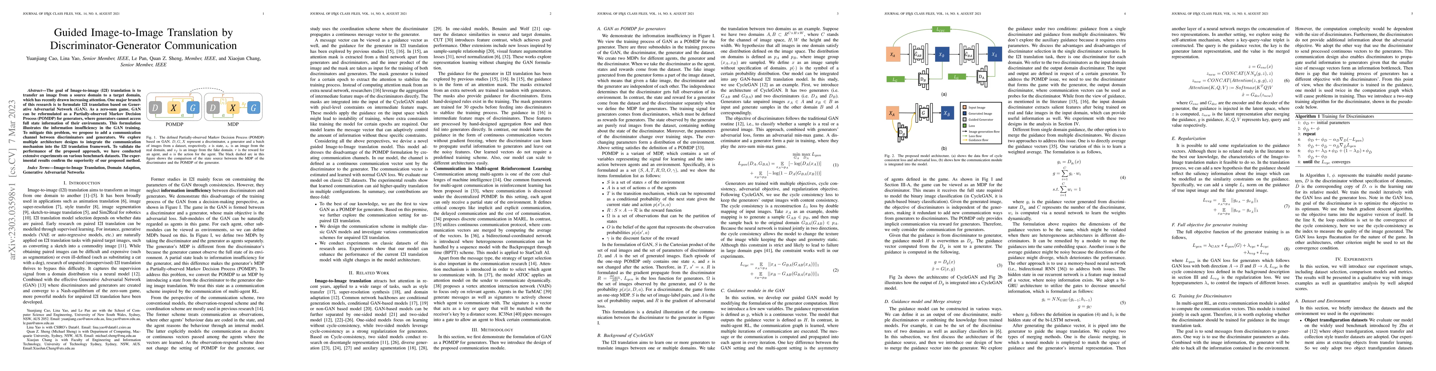 Thumbnail for Guided Image-to-Image Translation by Discriminator-Generator
  Communication