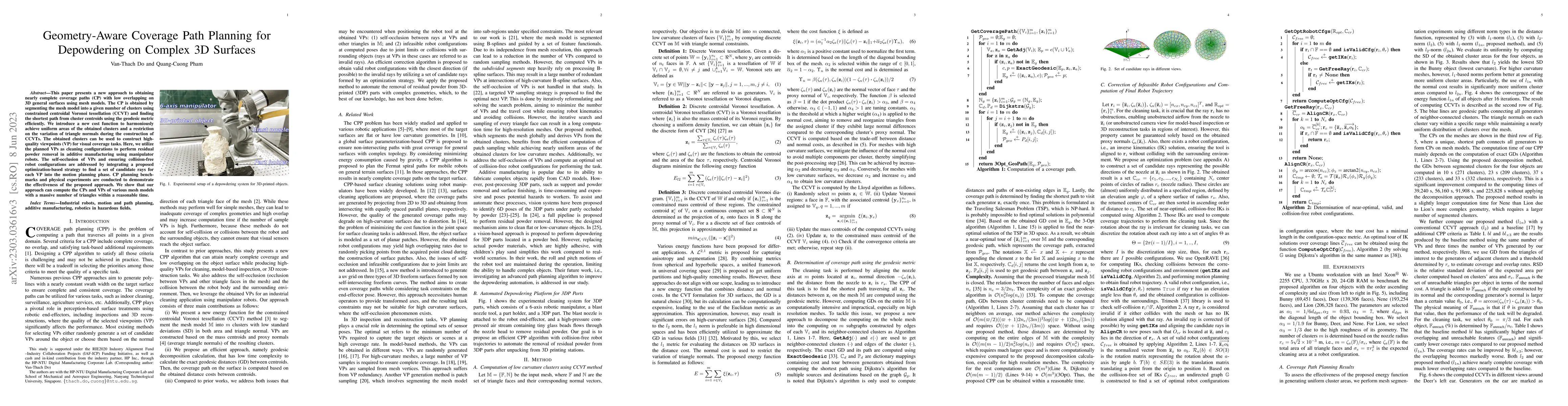 Thumbnail for Geometry-Aware Coverage Path Planning for Depowdering on Complex 3D
  Surfaces
