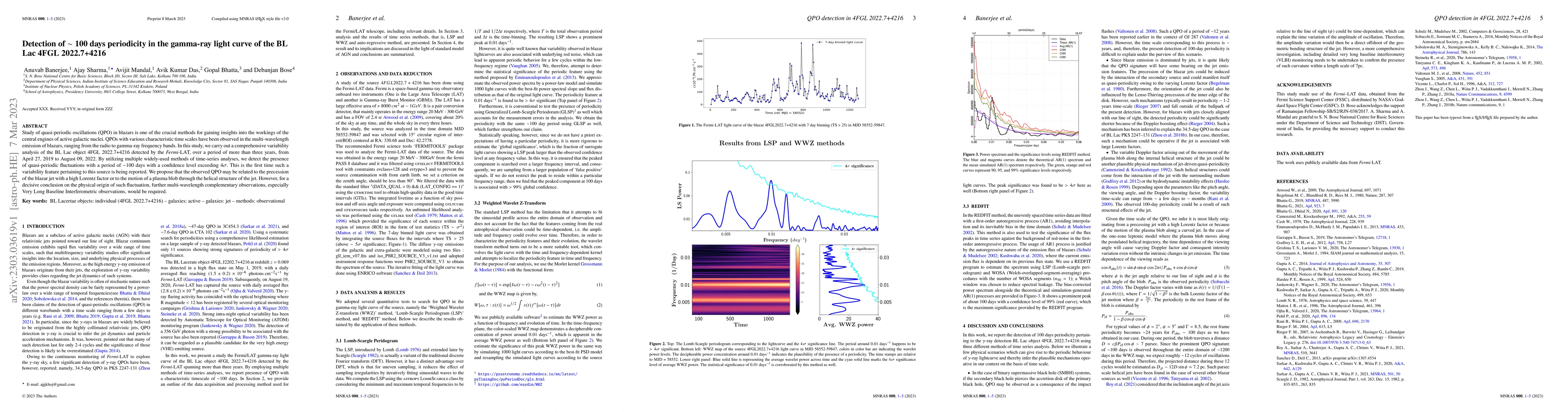 Thumbnail for Detection of ~100 days periodicity in the gamma-ray light curve of the
  BL Lac 4FGL 2022.7+4216