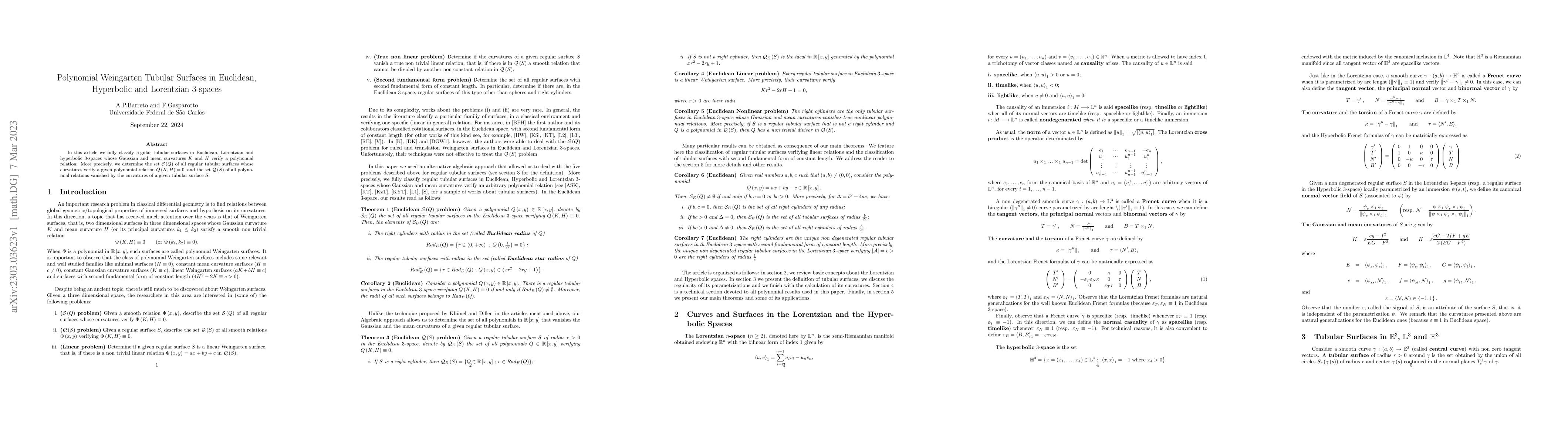 Thumbnail for Polynomial Weingarten Tubular Surfaces in Euclidean, Hyperbolic and
  Lorentzian 3-spaces