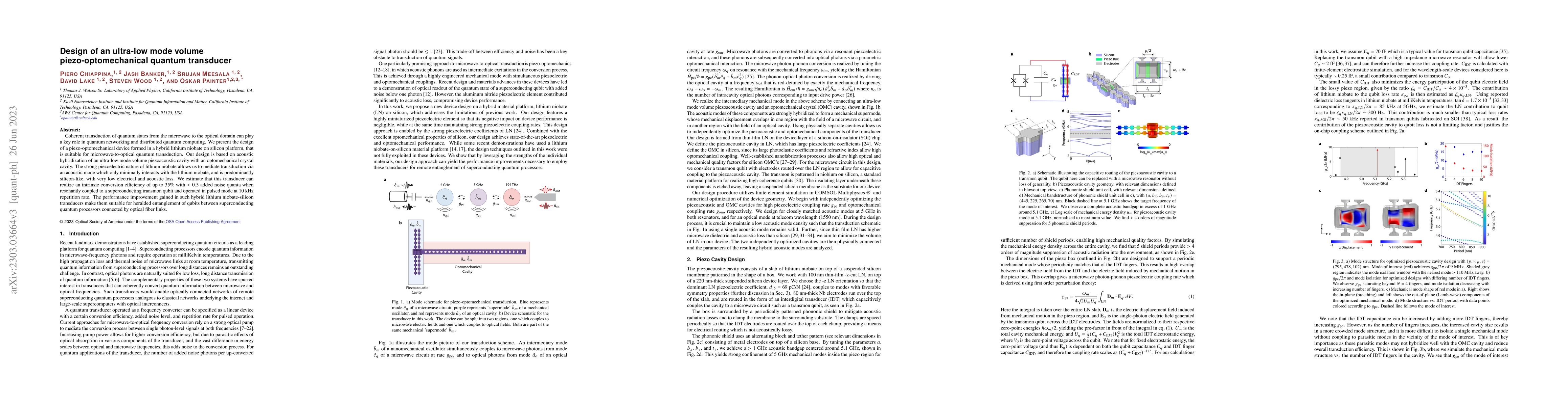 Thumbnail for Design of an ultra-low mode volume piezo-optomechanical quantum
  transducer