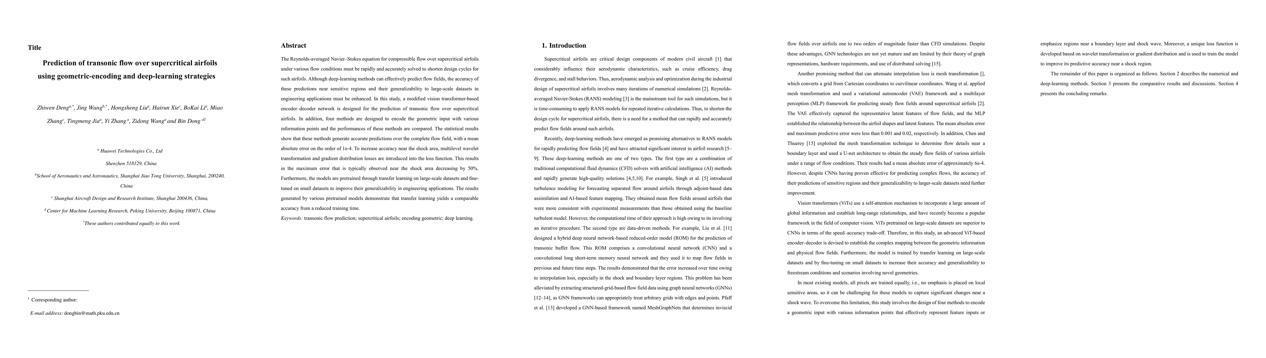 Thumbnail for Prediction of transonic flow over supercritical airfoils using
  geometric-encoding and deep-learning strategies