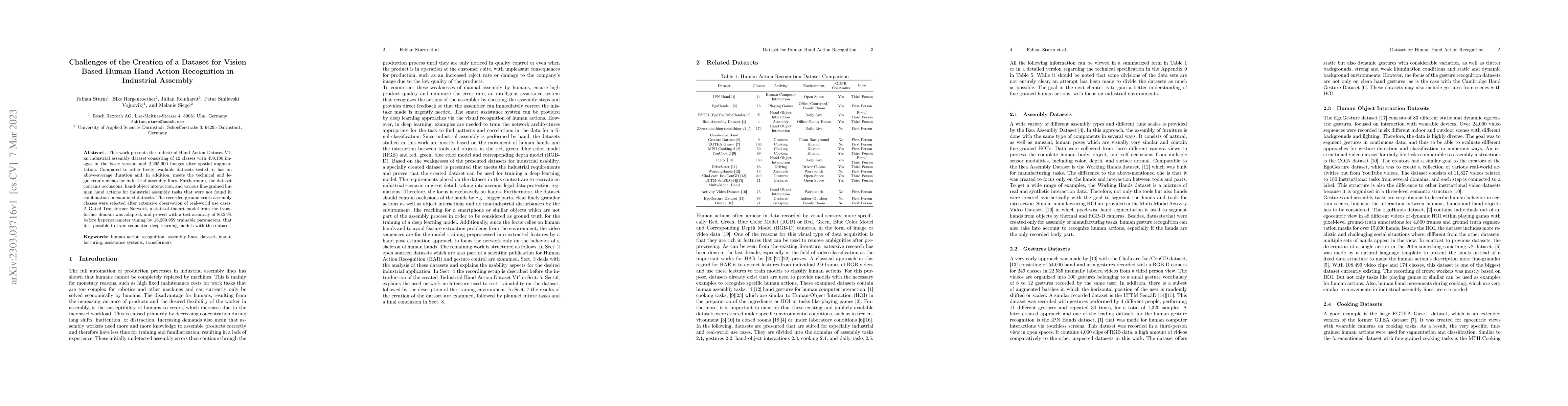 Thumbnail for Challenges of the Creation of a Dataset for Vision Based Human Hand
  Action Recognition in Industrial Assembly