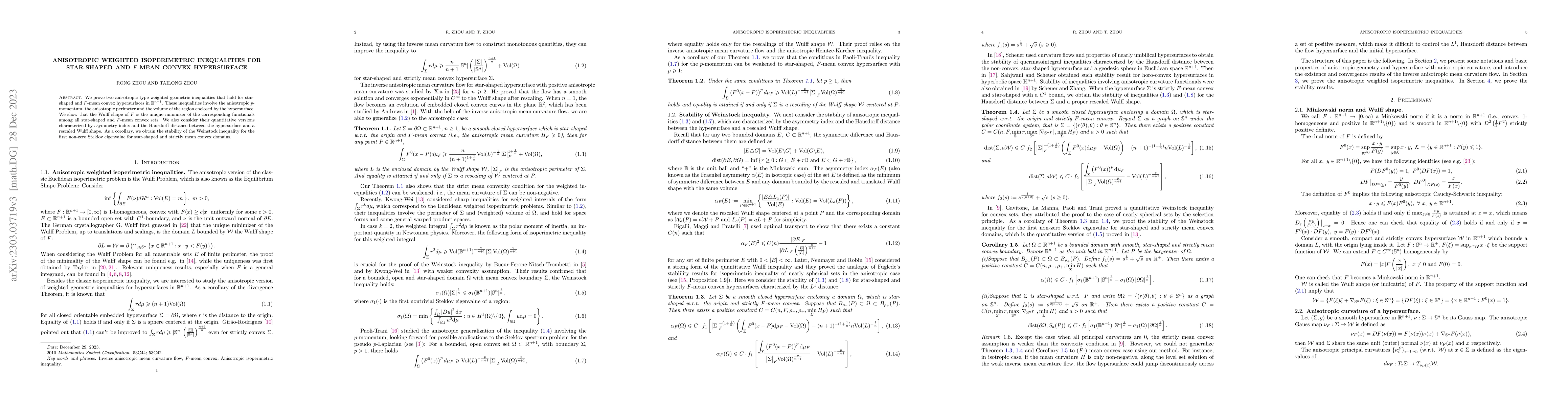 Thumbnail for Anisotropic weighted isoperimetric inequalities for star-shaped and
  $F$-mean convex hypersurface