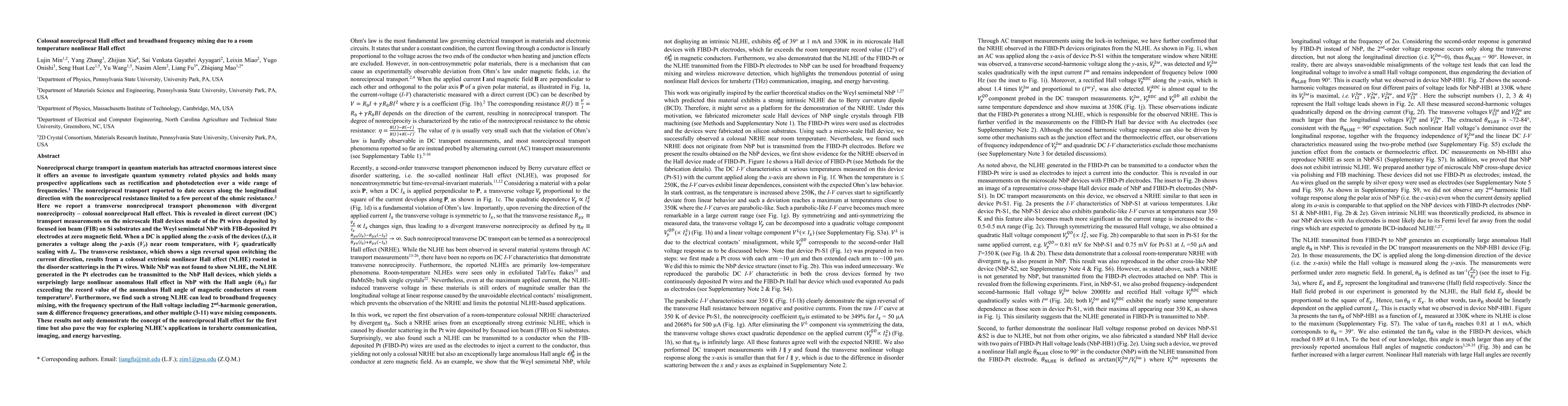 Thumbnail for Colossal nonreciprocal Hall effect and broadband frequency mixing due to
  a room temperature nonlinear Hall effect