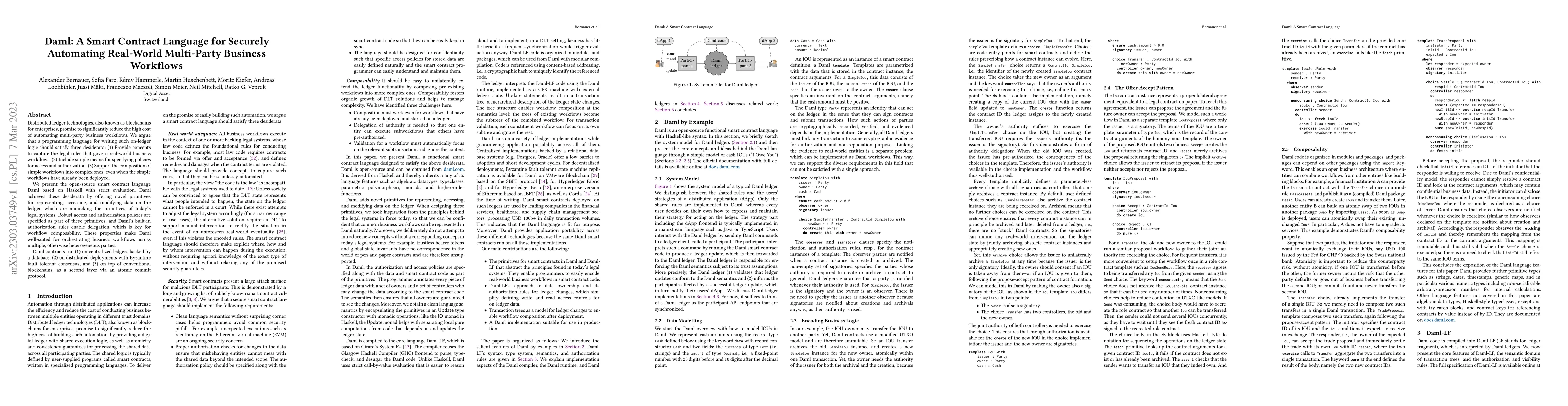 Thumbnail for Daml: A Smart Contract Language for Securely Automating Real-World
  Multi-Party Business Workflows