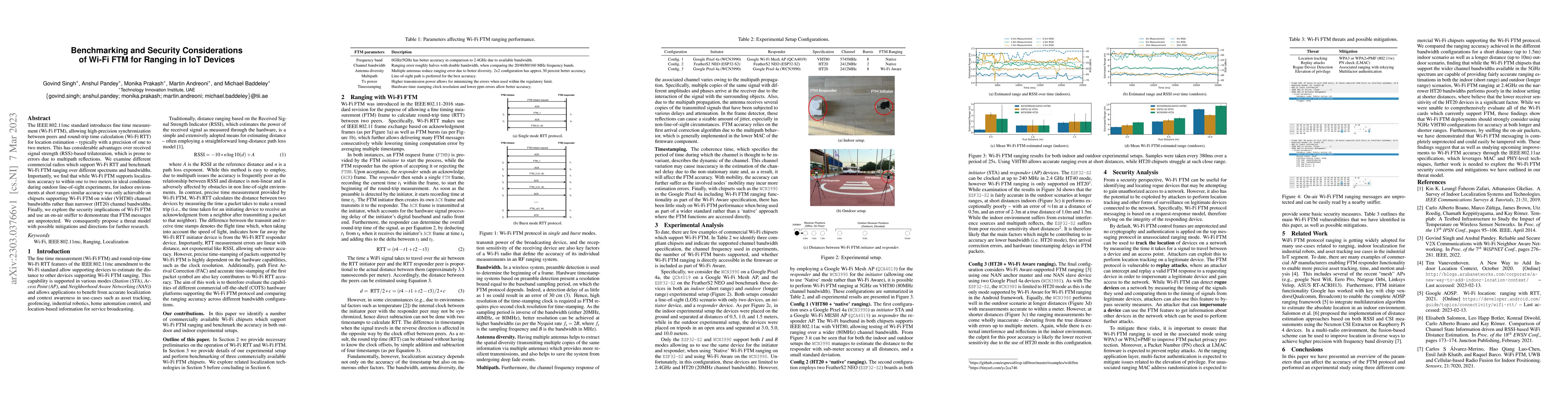 Thumbnail for Benchmarking and Security Considerations of Wi-Fi FTM for Ranging in IoT
  Devices