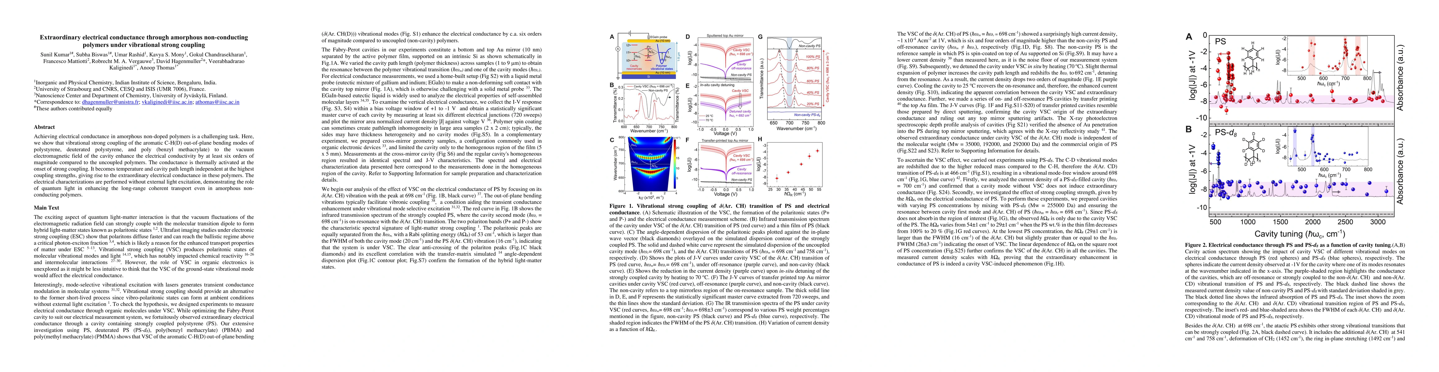 Thumbnail for Extraordinary electrical conductance through amorphous non-conducting
  polymers under vibrational strong coupling