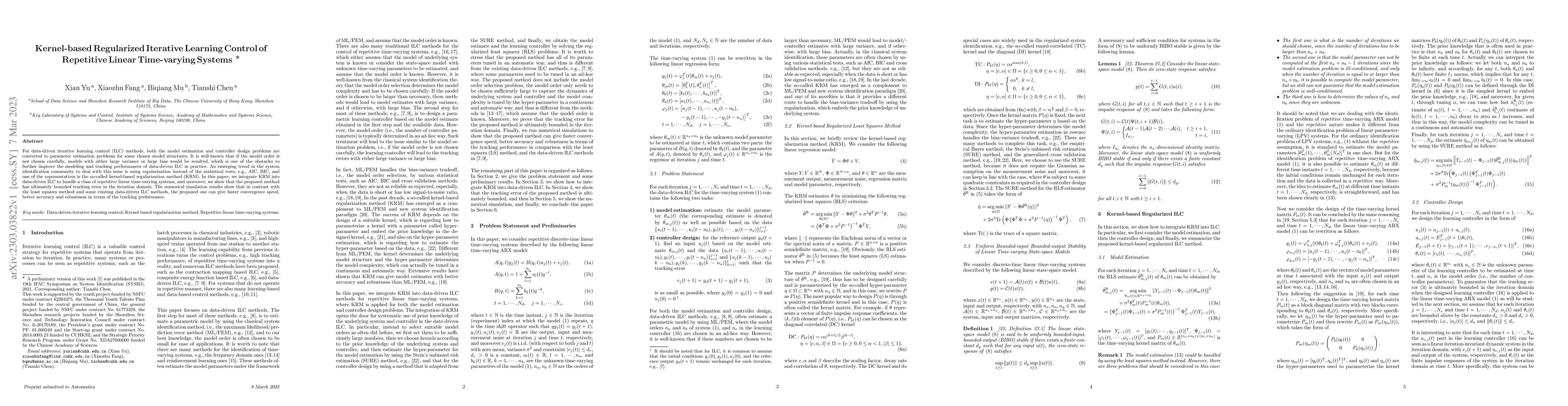 Thumbnail for Kernel-based Regularized Iterative Learning Control of Repetitive Linear
  Time-varying Systems