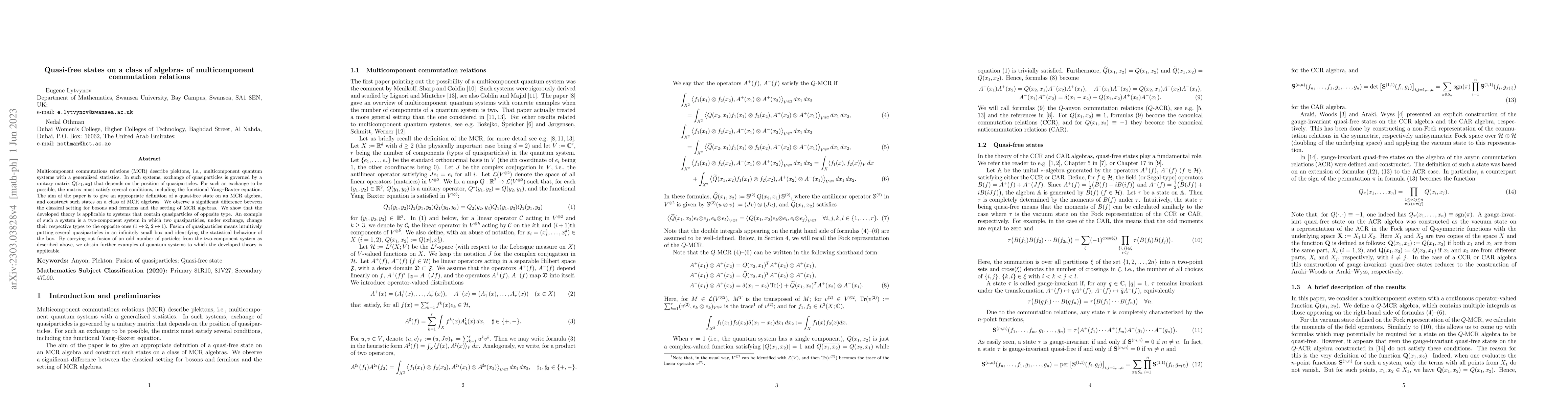 Thumbnail for Quasi-free states on a class of algebras of multicomponent commutation
  relations