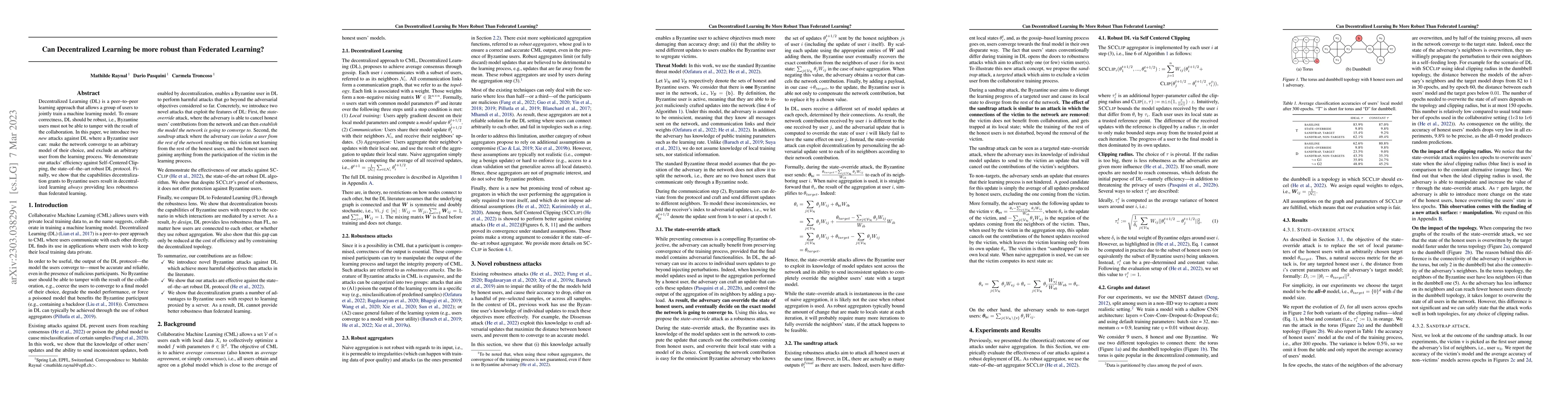 Thumbnail for Can Decentralized Learning be more robust than Federated Learning?