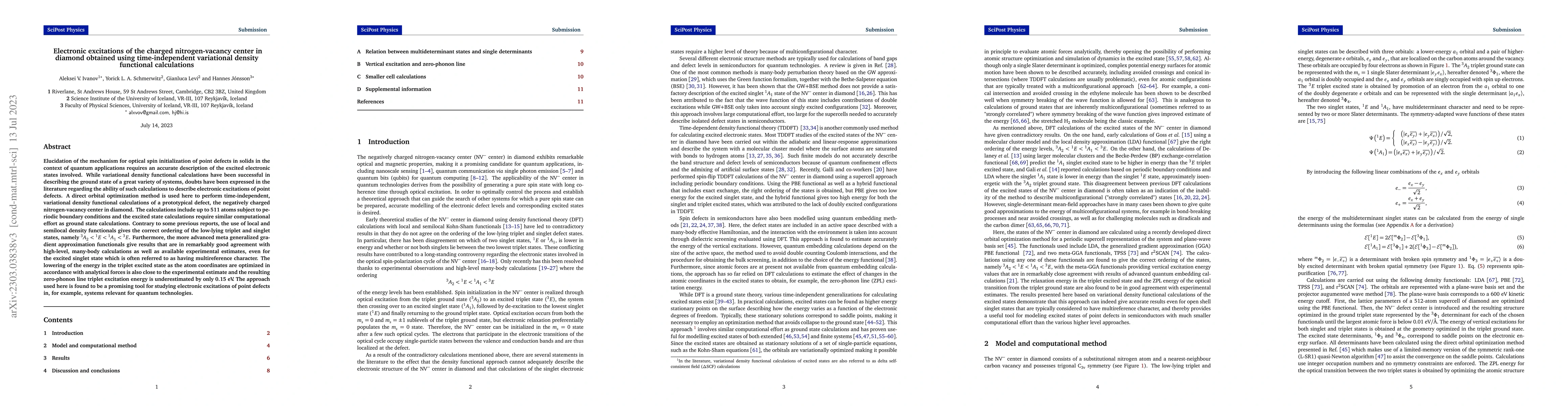Thumbnail for Electronic excitations of the charged nitrogen-vacancy center in diamond
  obtained using time-independent variational density functional calculations