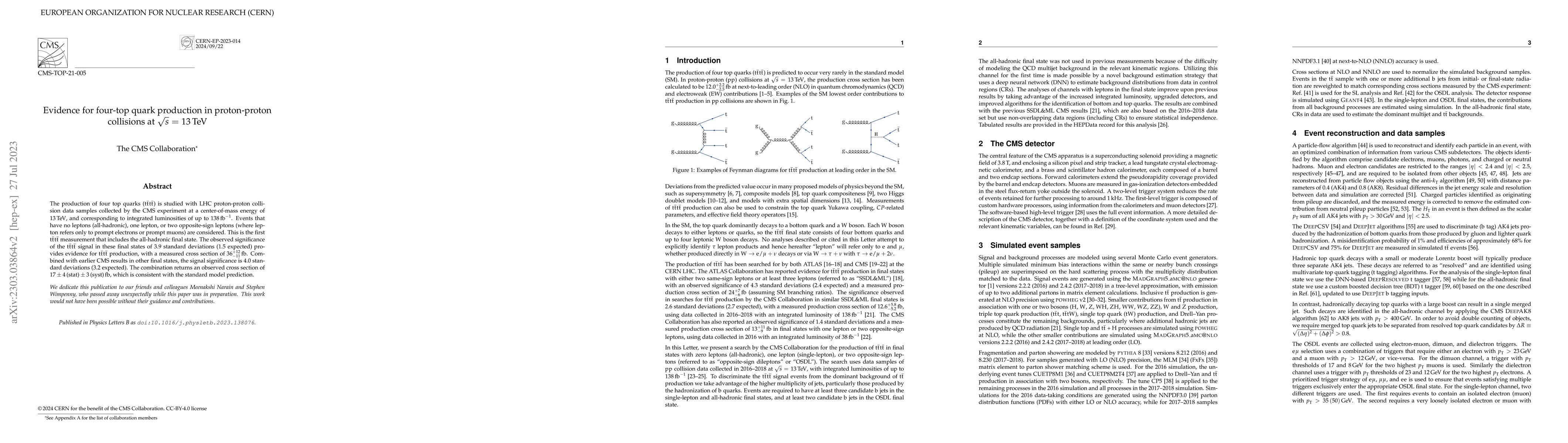Thumbnail for Evidence for four-top quark production in proton-proton collisions at
  $\sqrt{s}$ = 13 TeV