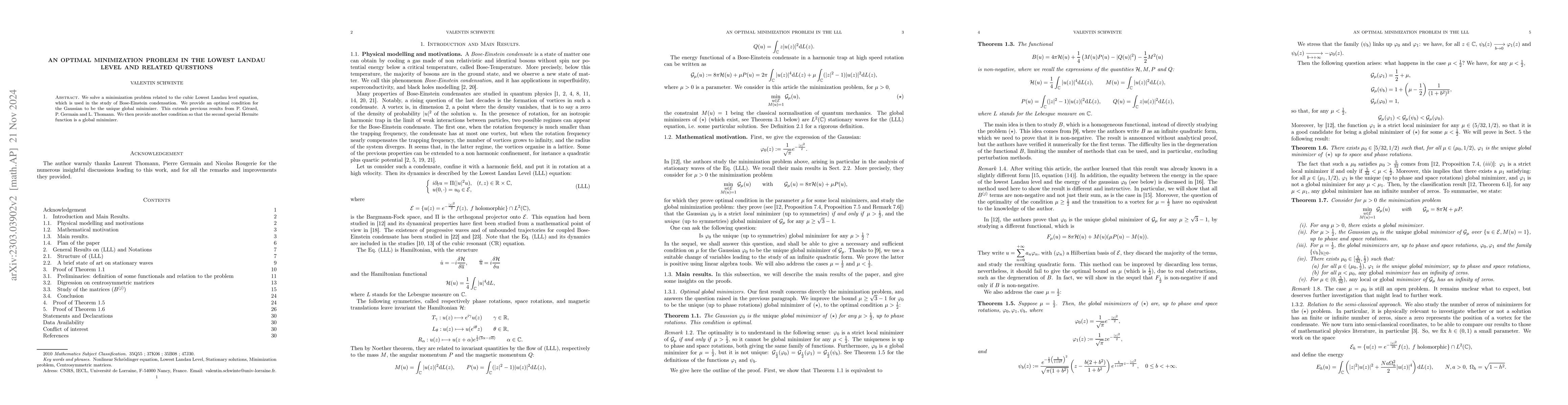 Thumbnail for An Optimal Minimization Problem In The Lowest Landau Level And Related
  Questions