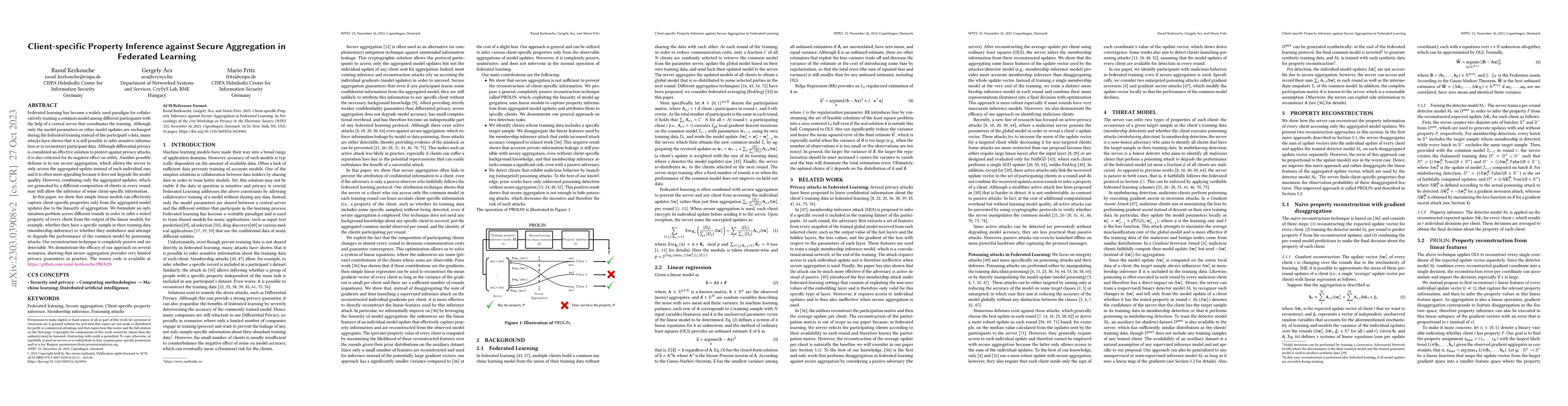 Thumbnail for Client-specific Property Inference against Secure Aggregation in
  Federated Learning