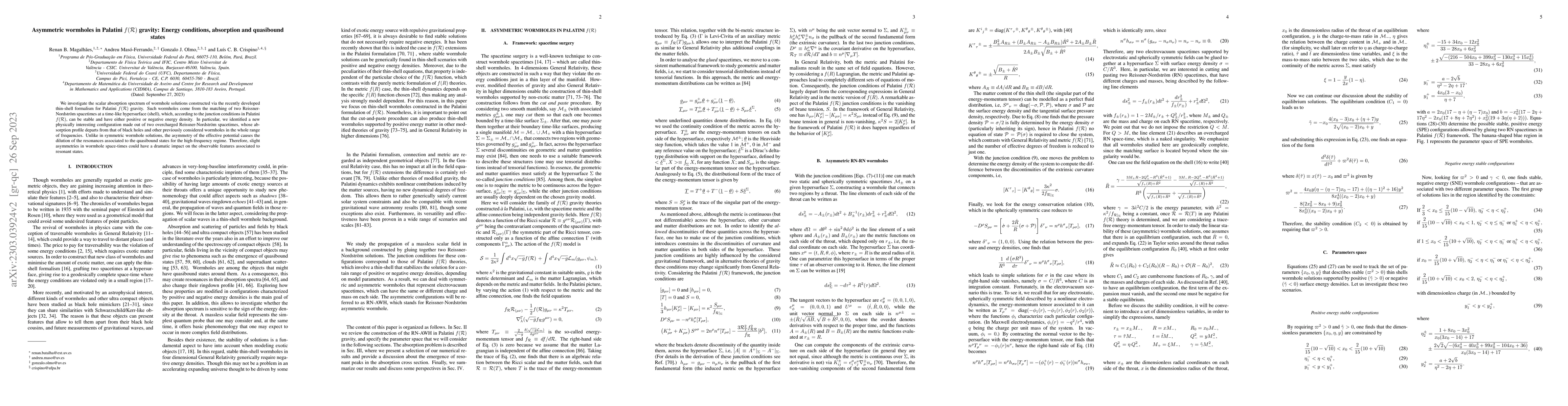Thumbnail for Asymmetric wormholes in Palatini $f(\mathcal{R})$ gravity: Energy
  conditions, absorption and quasibound states