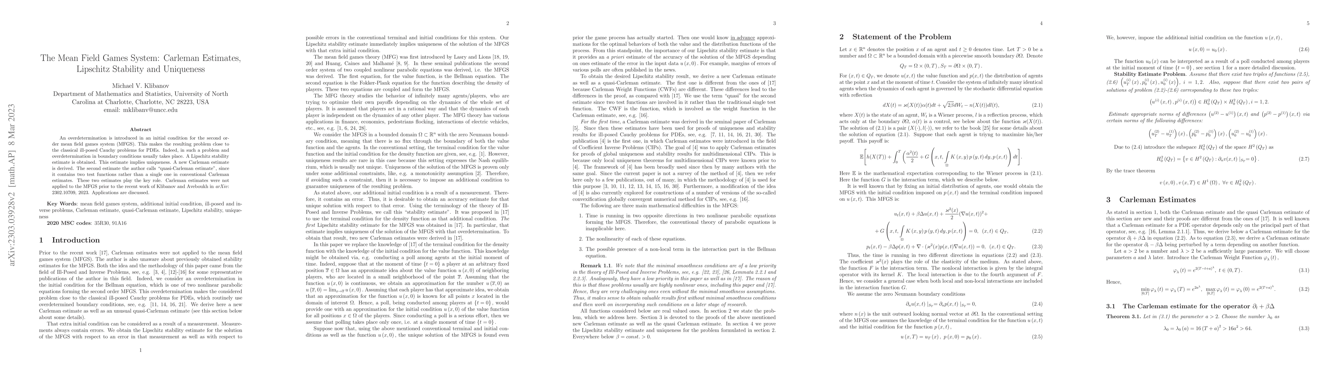 Thumbnail for The Mean Field Games System: Carleman Estimates, Lipschitz Stability and
  Uniqueness