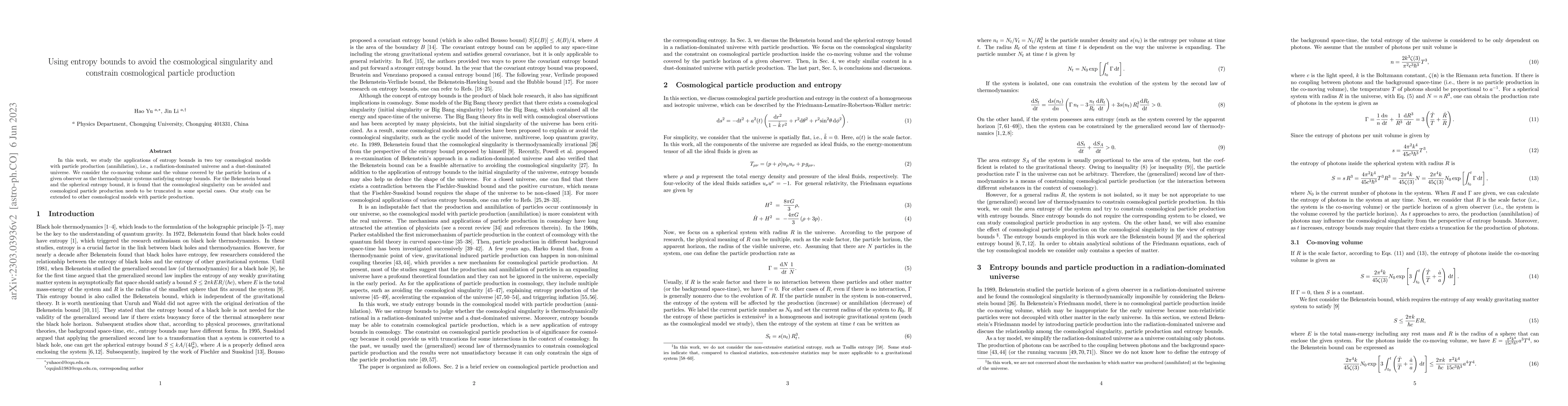 Thumbnail for Using entropy bounds to avoid the cosmological singularity and constrain
  cosmological particle production