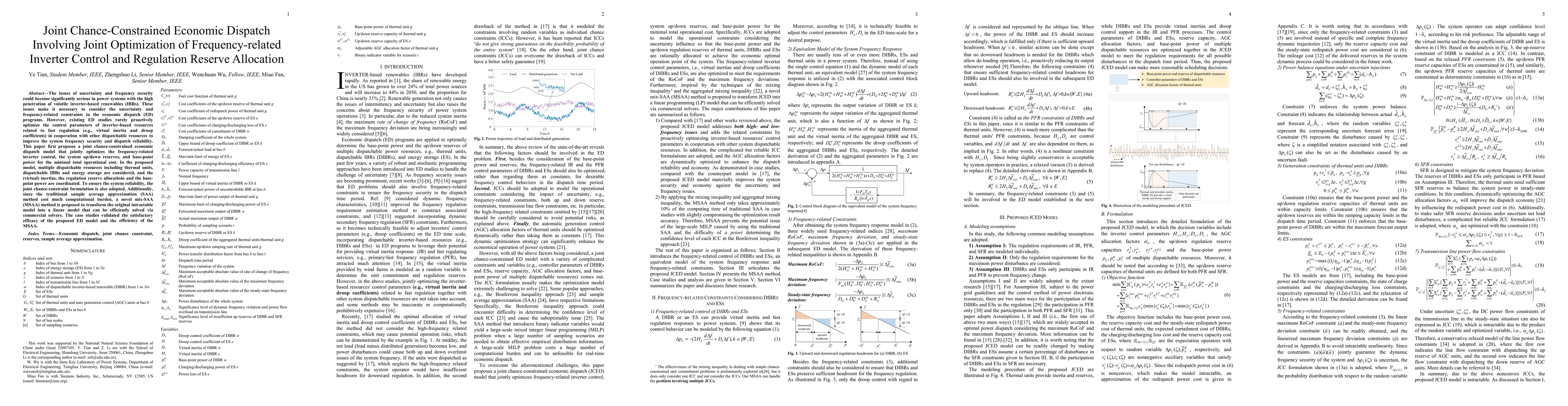 Thumbnail for Joint Chance-Constrained Economic Dispatch Involving Joint Optimization
  of Frequency-related Inverter Control and Regulation Reserve Allocation