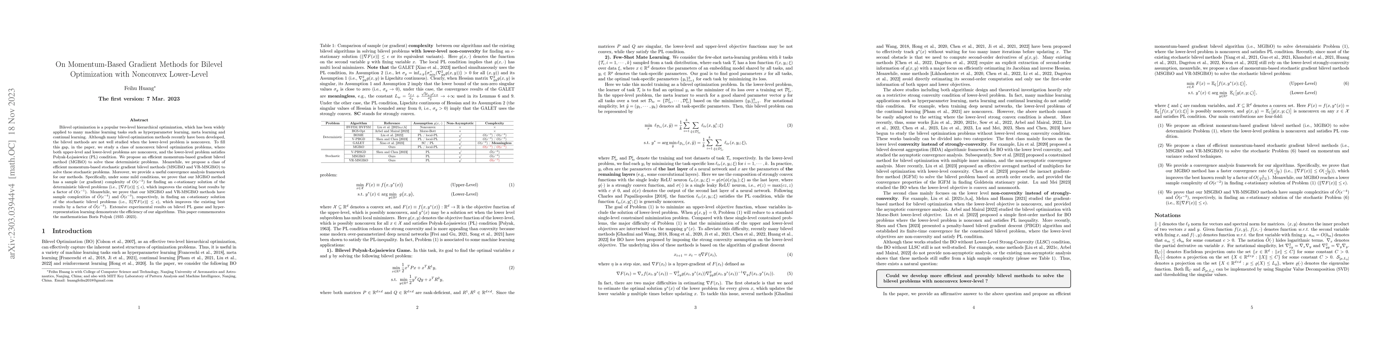 Thumbnail for On Momentum-Based Gradient Methods for Bilevel Optimization with
  Nonconvex Lower-Level