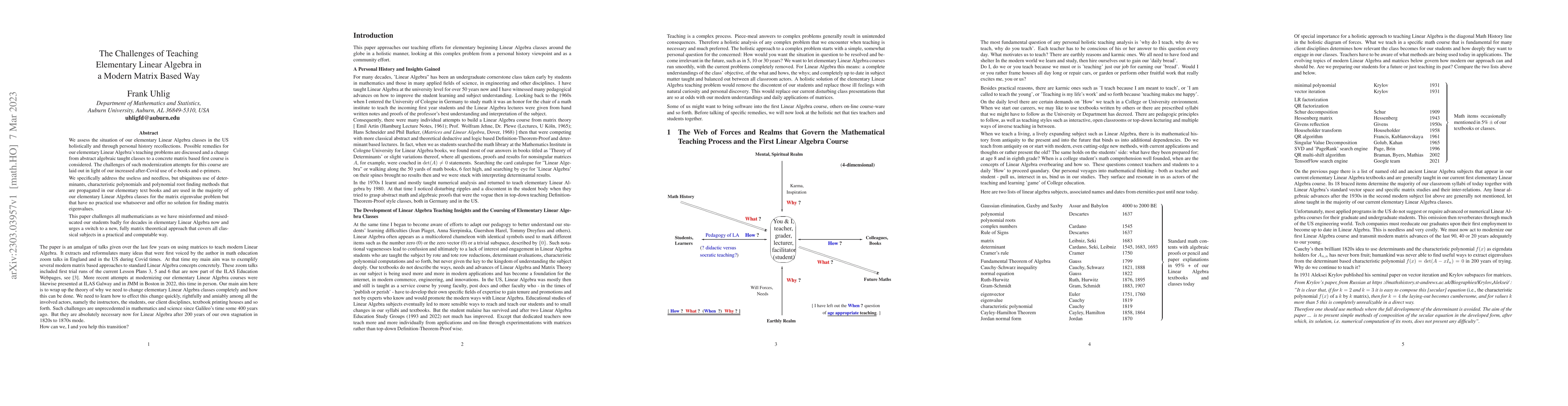 Thumbnail for The Challenges of Teaching Elementary Linear Algebra in a Modern Matrix
  Based Way