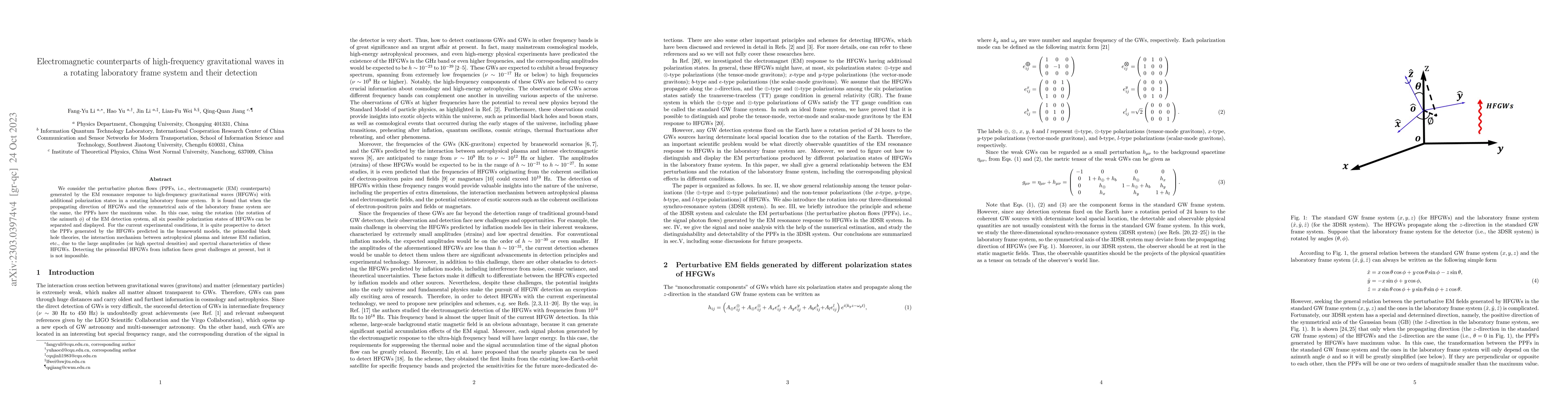 Thumbnail for Electromagnetic counterparts of high-frequency gravitational waves in a
  rotating laboratory frame system and their detection
