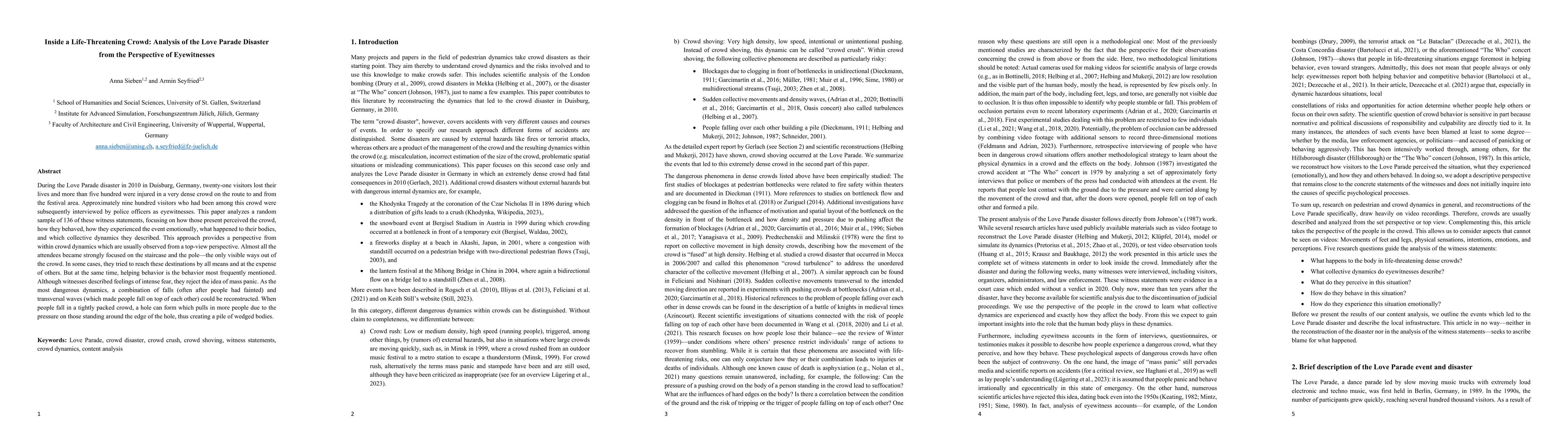 Thumbnail for Inside a Life-Threatening Crowd: Analysis of the Love Parade Disaster
  from the Perspective of Eyewitnesses
