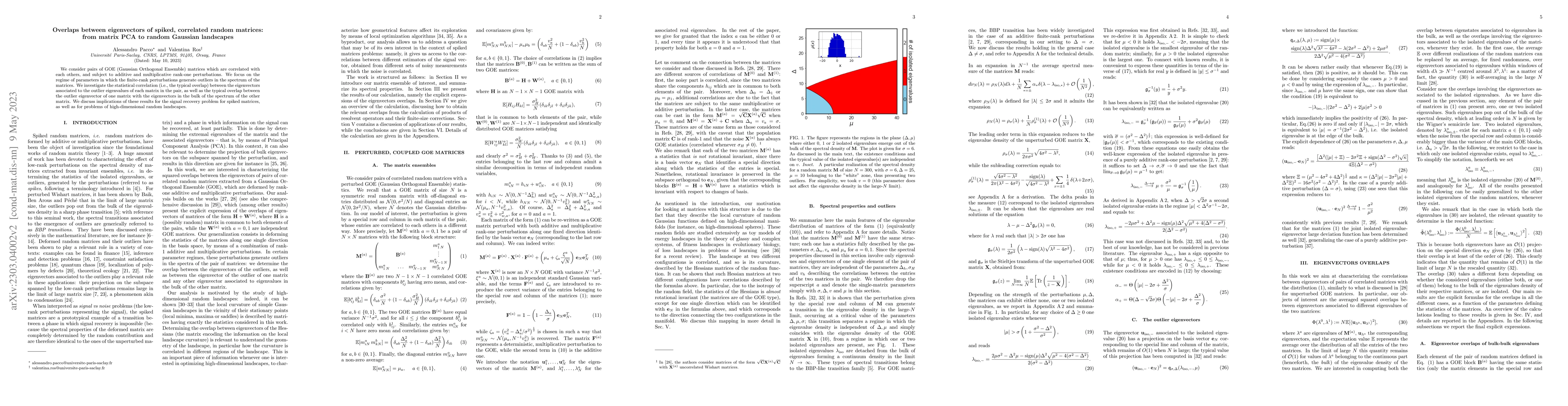 Thumbnail for Overlaps between eigenvectors of spiked, correlated random matrices:
  from matrix PCA to random Gaussian landscapes