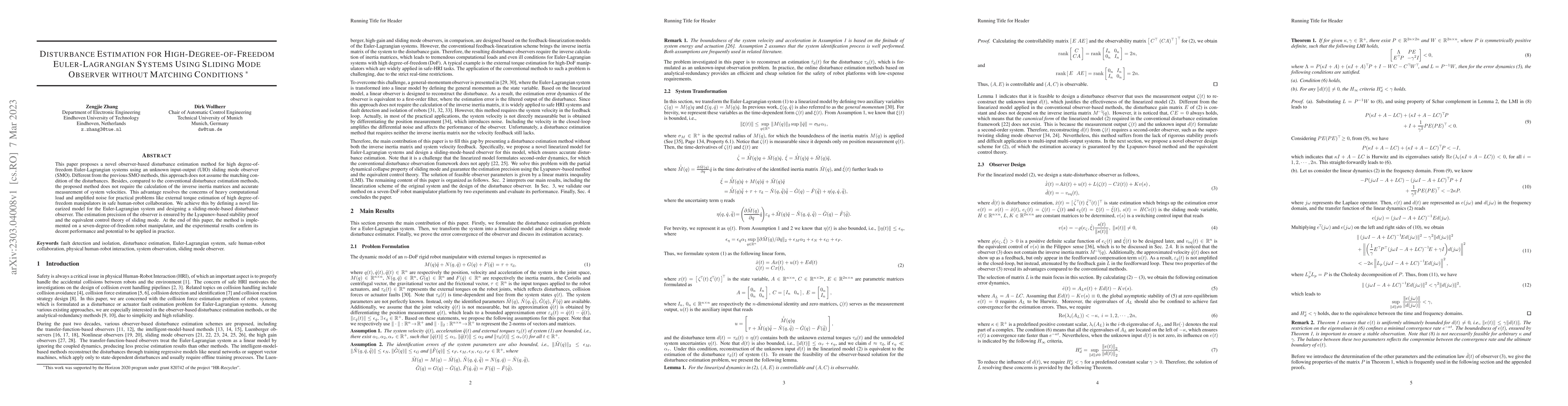 Thumbnail for Disturbance Estimation for High-Degree-of-Freedom Euler-Lagrangian
  Systems Using Sliding Mode Observer without Matching Conditions