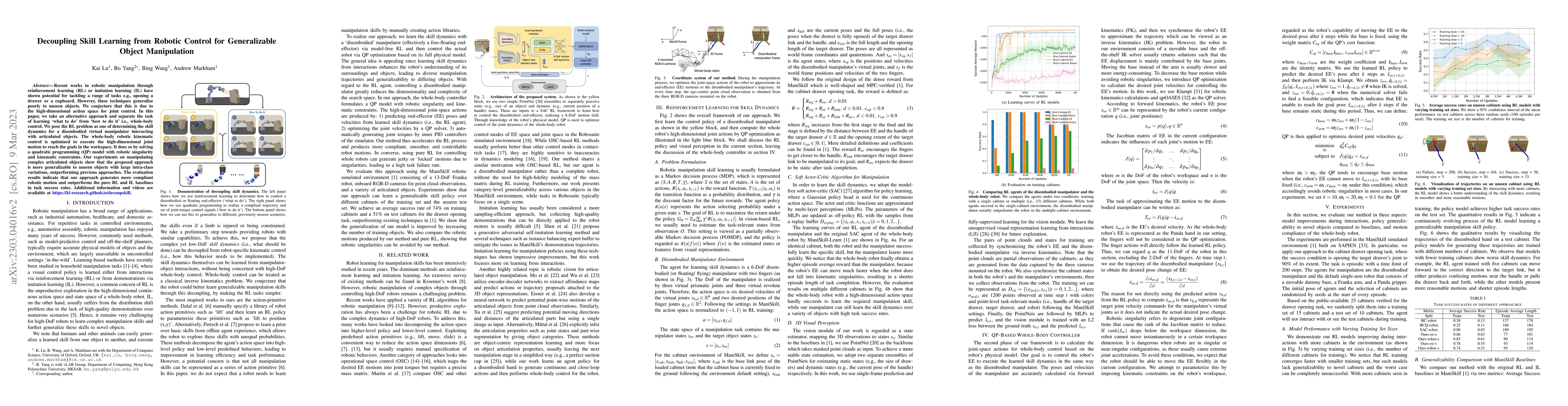 Thumbnail for Decoupling Skill Learning from Robotic Control for Generalizable Object
  Manipulation
