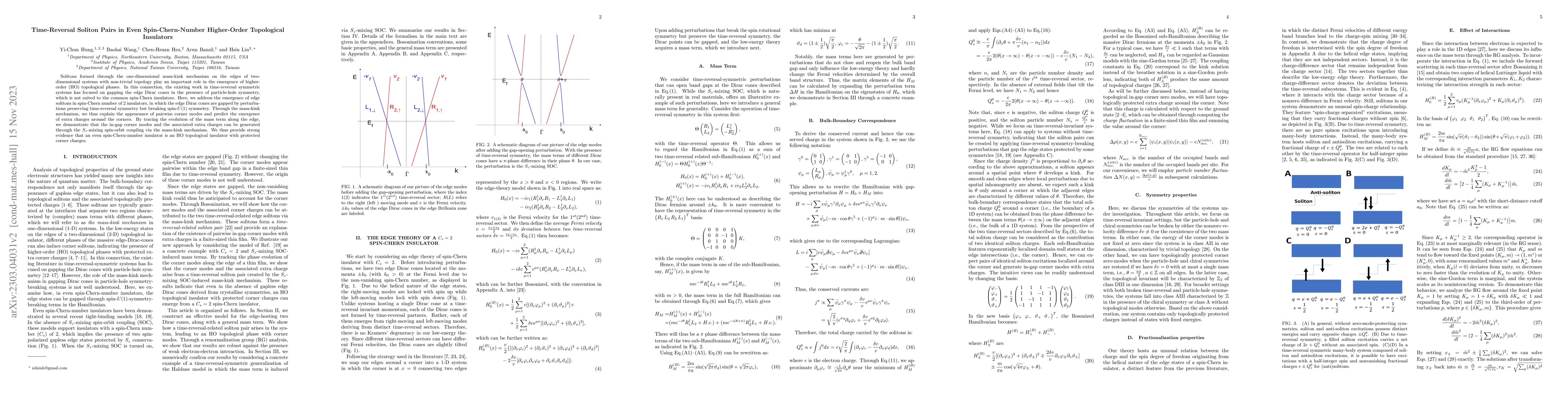 Thumbnail for Time-Reversal Soliton Pairs In Even Spin-Chern-Number Higher-Order
  Topological Insulators