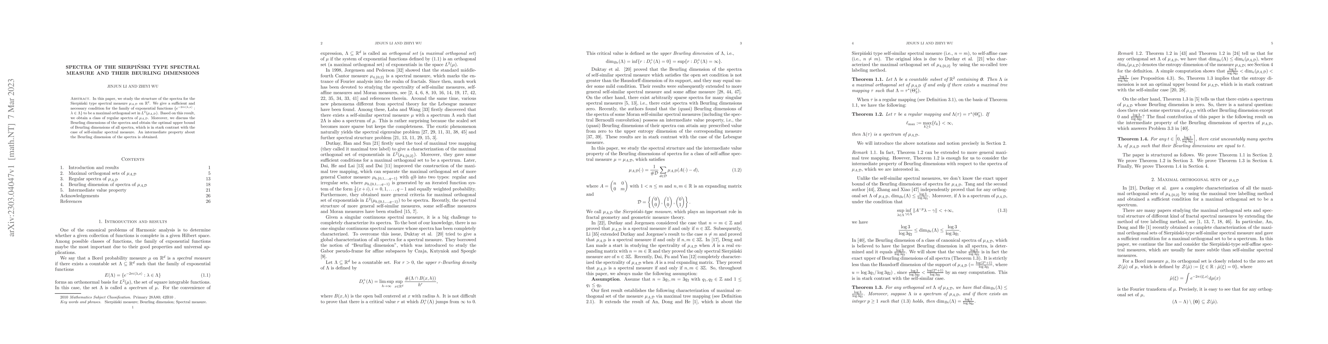 Thumbnail for Spectra of the Sierpi\'{n}ski type spectral measure and their Beurling
  dimensions
