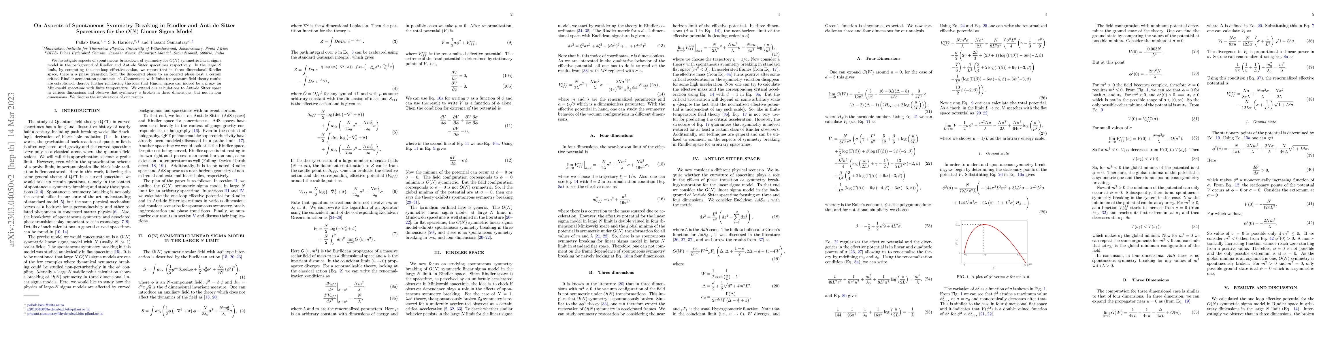 Thumbnail for On Aspects of Spontaneous Symmetry Breaking in Rindler and Anti-de
  Sitter spacetimes for the $O(N)$ Linear Sigma Model