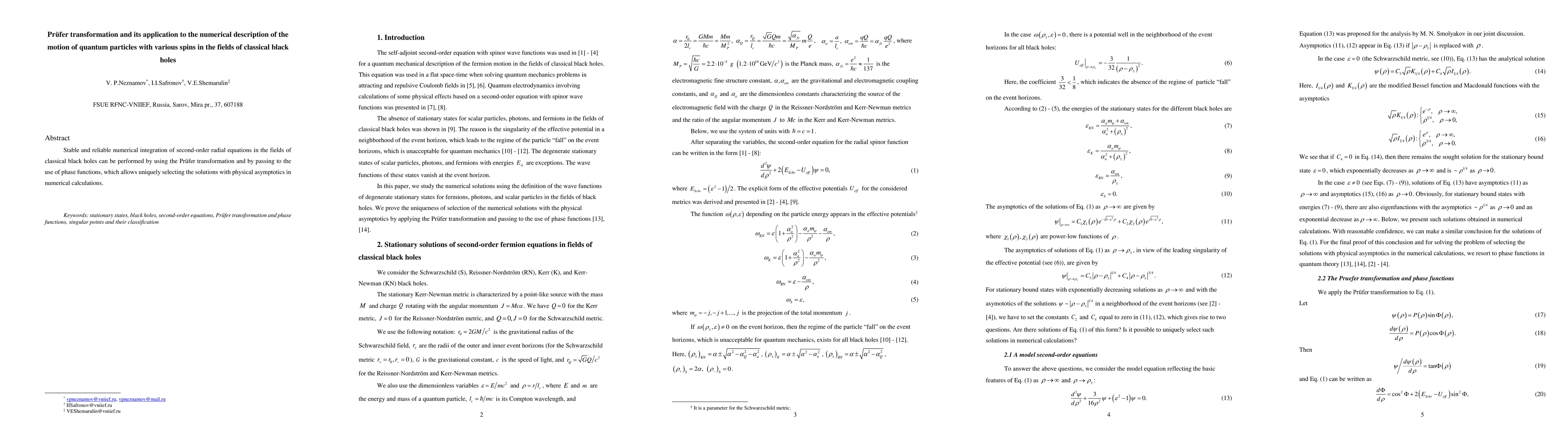 Thumbnail for Pr\"ufer transformation and its application to the numerical description
  of the motion of quantum particles with various spins in the fields of
  classical black holes