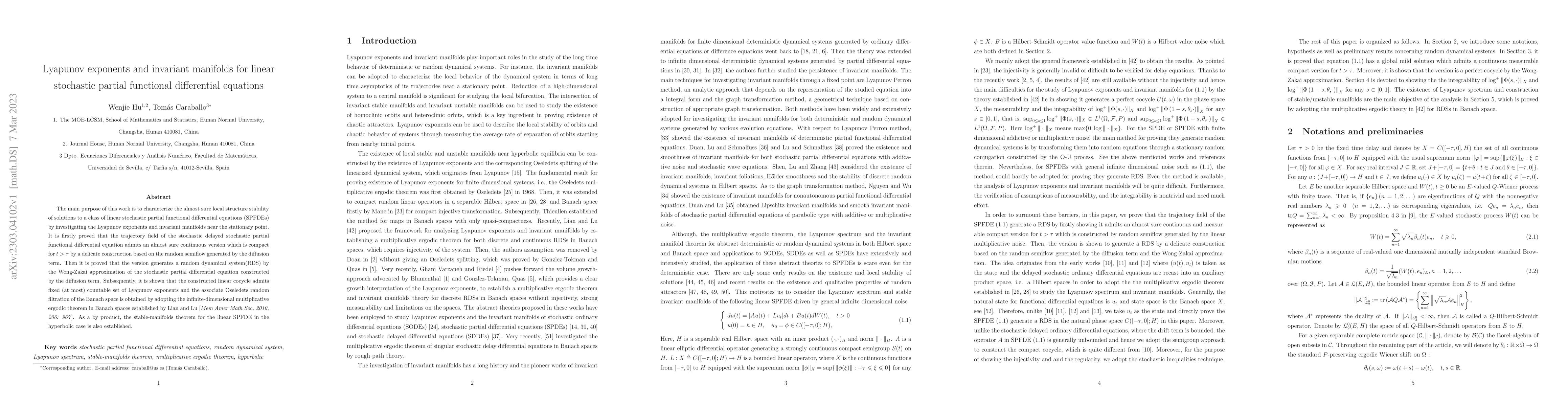 Thumbnail for Lyapunov exponents and invariant manifolds for stochastic linear partial
  functional differential equations