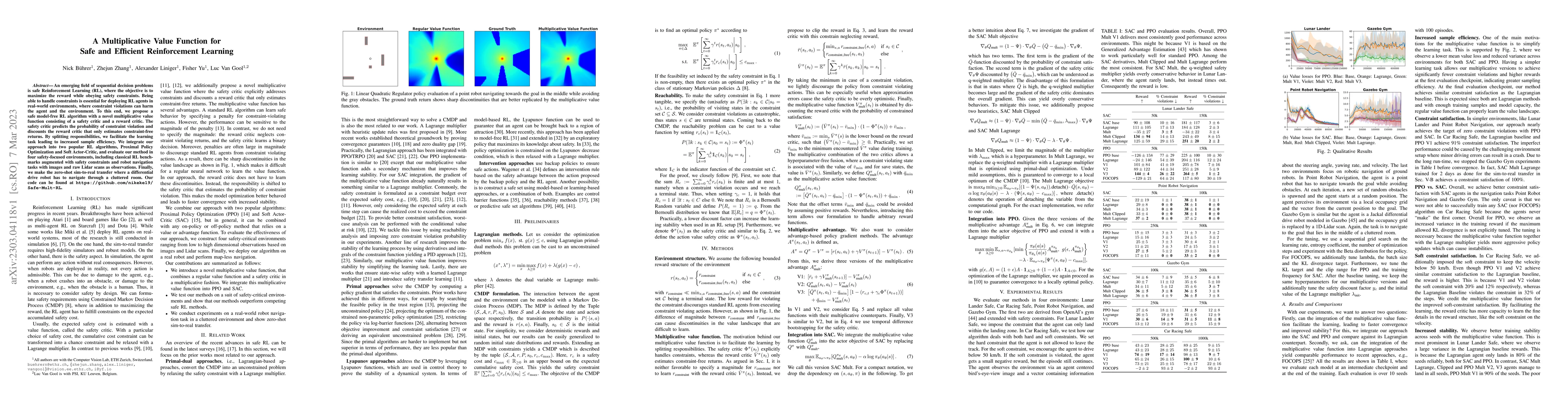 Thumbnail for A Multiplicative Value Function for Safe and Efficient Reinforcement
  Learning